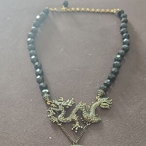 Heidi Daus Black Beaded Necklace with Gold Dragon Accent